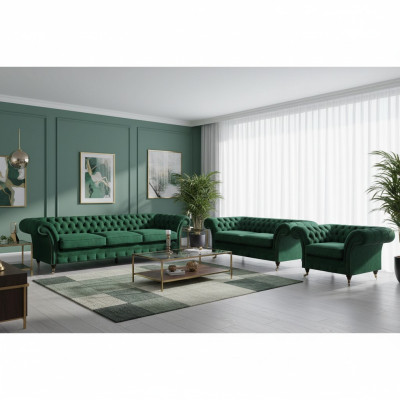 Chesterfield Sofa Set 3-piece Upholstered Furniture Green Living Room 3+2+1