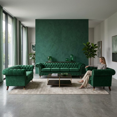 Upholstered Furniture Green Sofas Chesterfield Armchair Living Room 4+2+1 Sofa Set