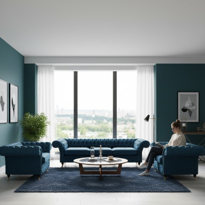 Luxury Blue Living Room Set Chesterfield Furniture Upholstered Sofas Textile