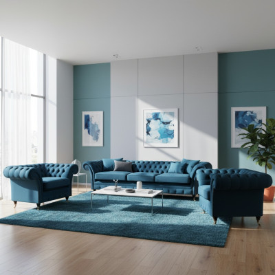 Luxury Blue Living Room Set Chesterfield Furniture Upholstered Sofas Textile