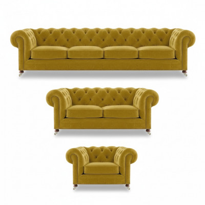 Luxury Yellow Complete 4+2+1 Living Room Armchair Chesterfield Textile Upholstery
