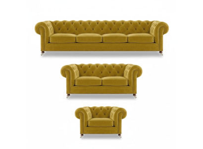 Luxury Yellow Complete 4+2+1 Living Room Armchair Chesterfield Textile Upholstery