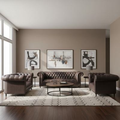 Living room set 3-piece brown leather furniture upholstery Chesterfield new