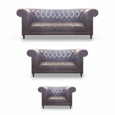 Living room set 3-piece brown leather furniture upholstery Chesterfield new