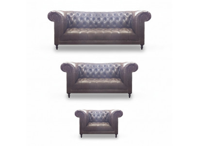 Living room set 3-piece brown leather furniture upholstery Chesterfield new