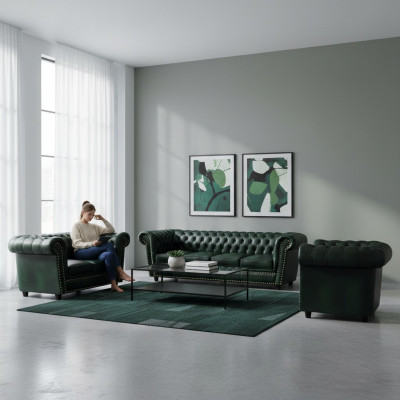 Luxury Leather Sofa Complete Sofa Set 3-piece Chesterfield Living Room Armchair 4+2+1