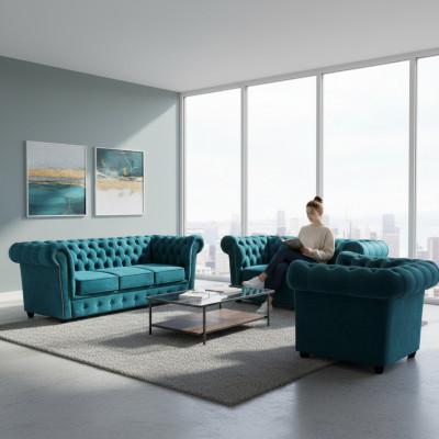 Modern fabric sofa set armchair 2x Chesterfield sofas living room 3+2+1