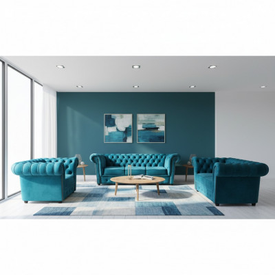 Modern fabric sofa set armchair 2x Chesterfield sofas living room 3+2+1