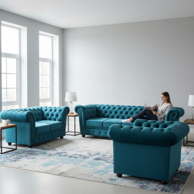 Blue New Sofa Set 3-piece Modern Textile Chesterfield Living Room Complete
