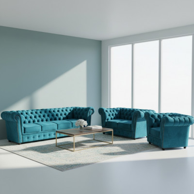 Blue New Sofa Set 3-piece Modern Textile Chesterfield Living Room Complete