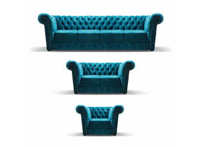 Blue New Sofa Set 3-piece Modern Textile Chesterfield Living Room Complete