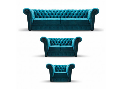 Blue New Sofa Set 3-piece Modern Textile Chesterfield Living Room Complete