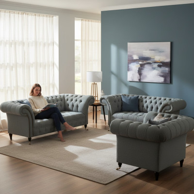 Chesterfield Gray Luxury Sofa Set 3-piece Living Room Modern Furniture