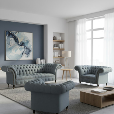 Chesterfield Gray Luxury Sofa Set 3-piece Living Room Modern Furniture