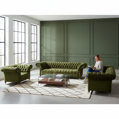 Complete Green Sofa Set Living Room Suite Luxury Fabric Furniture Chesterfield