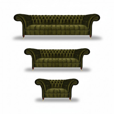 Complete Green Sofa Set Living Room Suite Luxury Fabric Furniture Chesterfield