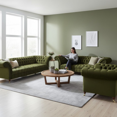 Chesterfield Green Sofa Set Living Room Luxury Fabric Sofa Set New