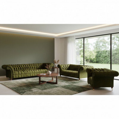Chesterfield Green Sofa Set Living Room Luxury Fabric Sofa Set New