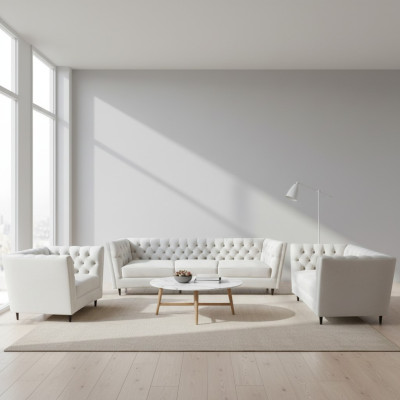 Design Complete White Furniture Living Room Set 3-piece Luxury Upholstered Furniture Chesterfield