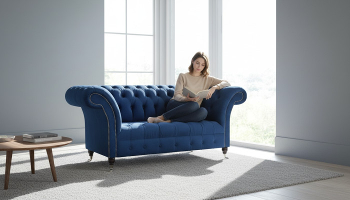 Living room sofa, two-seater couch, designer upholstered furniture, Chesterfield
