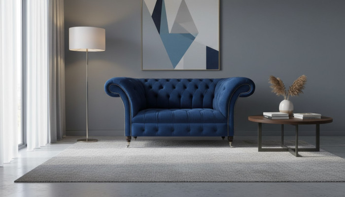 Living room sofa, two-seater couch, designer upholstered furniture, Chesterfield