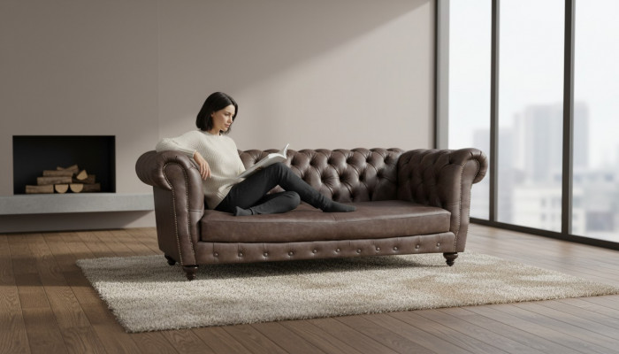 Brown leather sofa three-seater couch living room furniture Chesterfield.