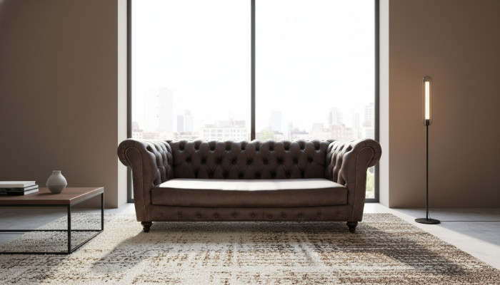 Brown leather sofa three-seater couch living room furniture Chesterfield.