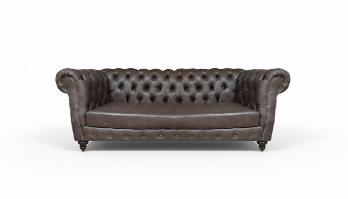 Brown leather sofa three-seater couch living room furniture Chesterfield.