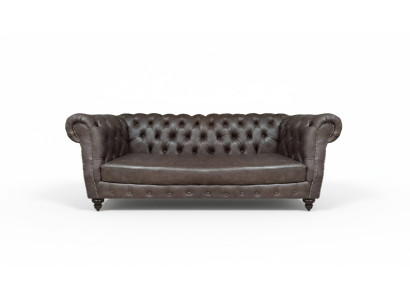 Brown leather sofa three-seater couch living room furniture Chesterfield.