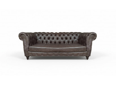 Brown leather sofa three-seater couch living room furniture Chesterfield.