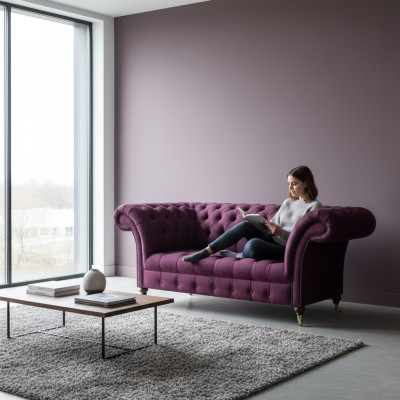 Lilac sofa two-seater couch living room furniture upholstery Chesterfield