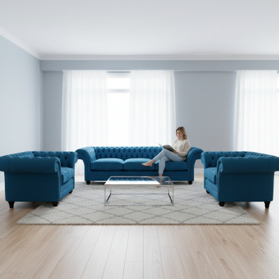 Upholstered Furniture Blue Sofa Suite Textile Seat Furniture Chesterfield Set Decor
