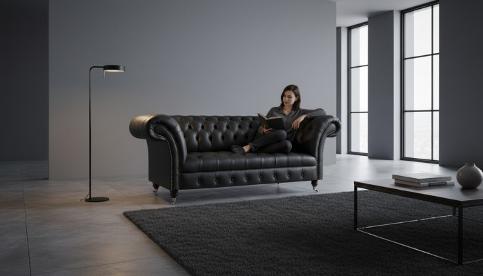 Leather sofa, two-seater couch, upholstered furniture, black upholstery, Chesterfield furniture.