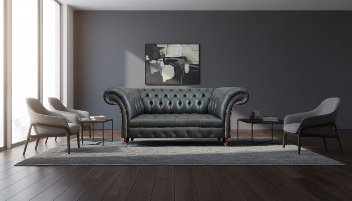 Leather sofa, two-seater couch, upholstered furniture, black upholstery, Chesterfield furniture.