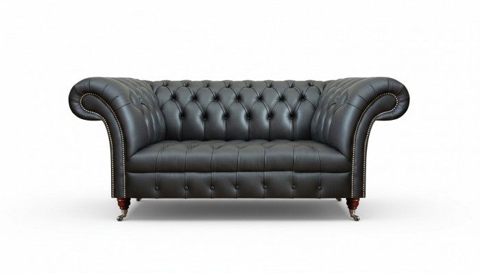 Leather sofa, two-seater couch, upholstered furniture, black upholstery, Chesterfield furniture.