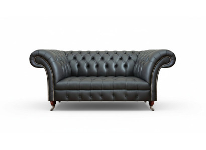 Leather sofa, two-seater couch, upholstered furniture, black upholstery, Chesterfield furniture.