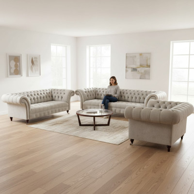 Luxury Design Sofa Set 3-piece Chesterfield Living Room White Complete Furnishing