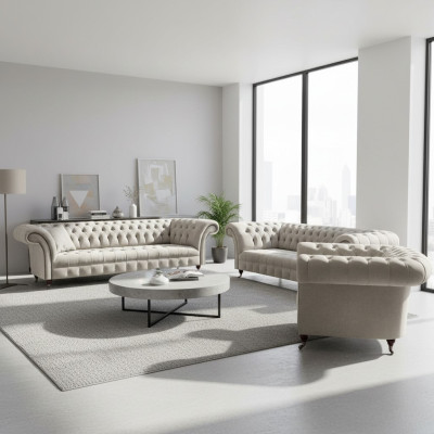 Luxury Design Sofa Set 3-piece Chesterfield Living Room White Complete Furnishing