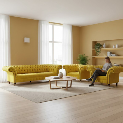 Chesterfield Yellow Sofa Set Living Room Furniture Sofa Couch Textile Armchair