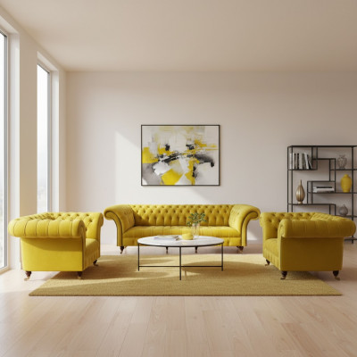 Chesterfield Yellow Sofa Set Living Room Furniture Sofa Couch Textile Armchair