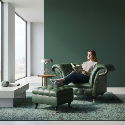 Green leather armchair living room Chesterfield luxury upholstered furniture design furniture