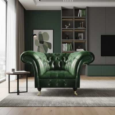 Green leather armchair living room Chesterfield luxury upholstered furniture design furniture
