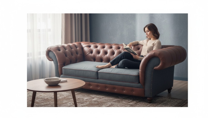 New luxury sofa couch two-seater brown leather living room chesterfield