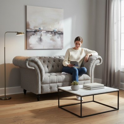 Design sofa couch two-seater gray seating furniture living room furnishing Chesterfield