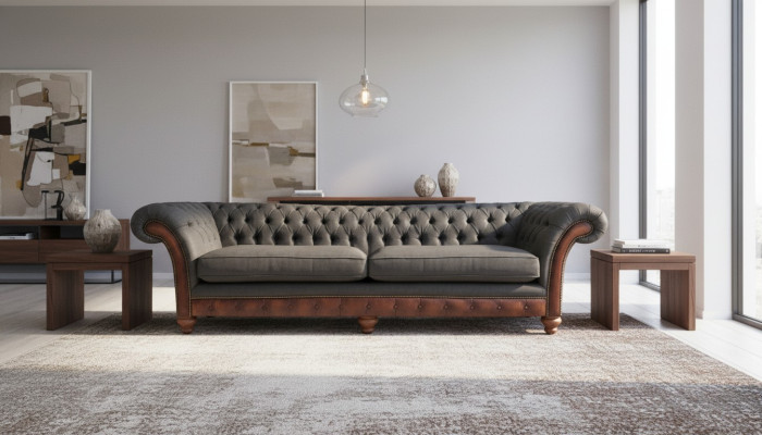 Gray Chesterfield Upholstered Sofa Couch Loveseat Living Room Textile New