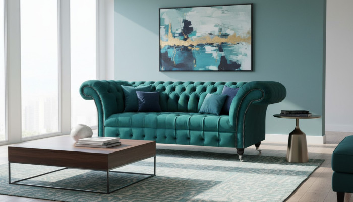 Design furniture green sofa couch three-seater furnishing Chesterfield upholstered sofa