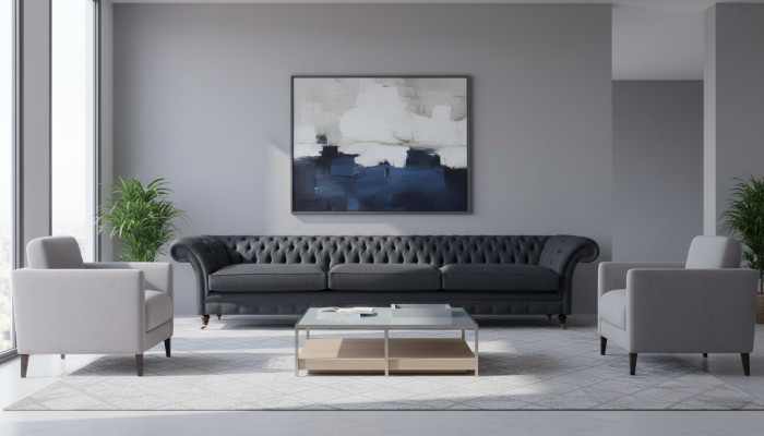 Luxurious black Chesterfield textile couch living room elegant fabric sofas