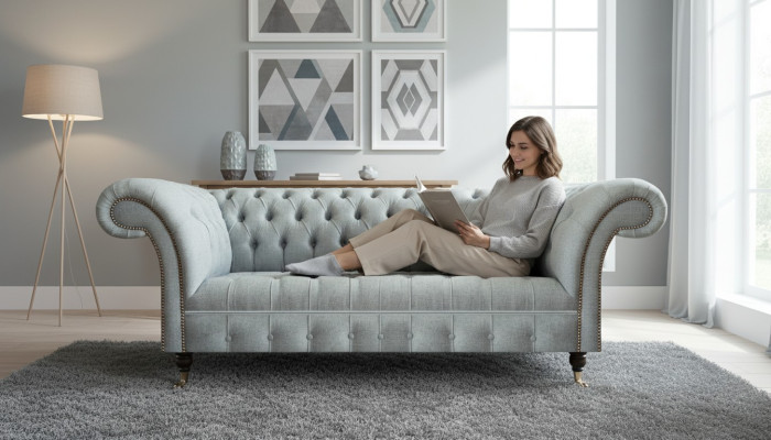 Light gray Chesterfield upholstered furniture living room 3-seater couch elegant furniture