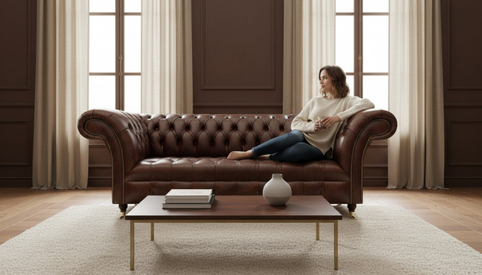 Exclusive Chesterfield Brown Leather Couch Modern Three-Seater Furniture