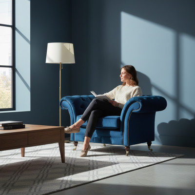 Blue living room Chesterfield textile armchair fabric furniture luxury single-seater